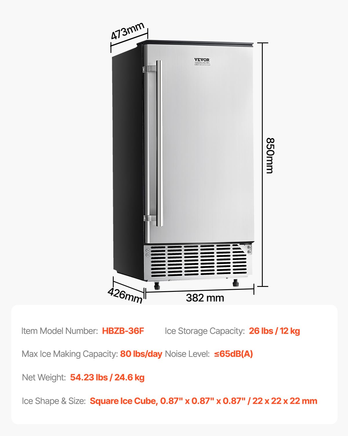 VEVOR Under Counter Ice Maker Machine, 80 Lbs/Day Undercounter Built-in Ice Maker with Reversible Door, Stainless Steel Freestanding Ice Machine for Commercial Home Kitchen