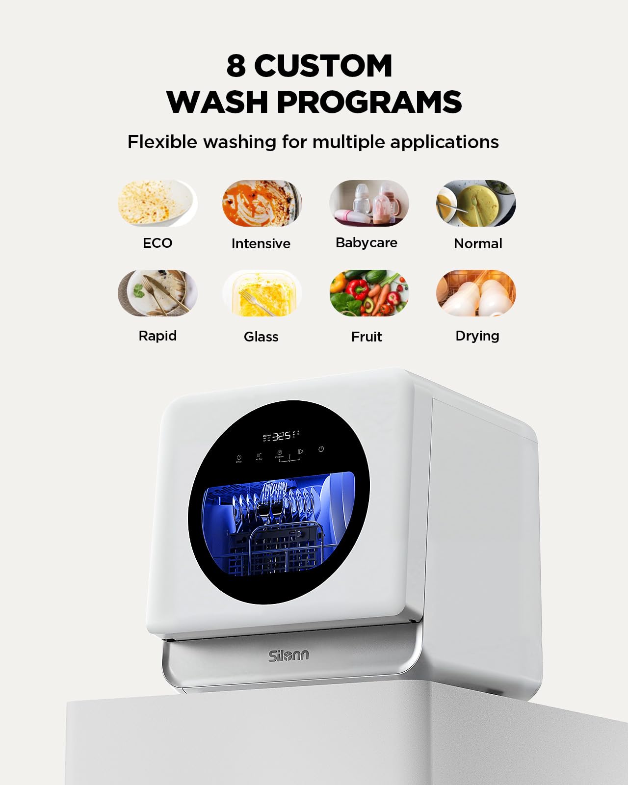 Silonn Portable Countertop Dishwasher | Smart App Control, Triple-Jet Cleaning, Built-In Water Tank & Dual Supply | Compact for Dorm, Apartment, RV