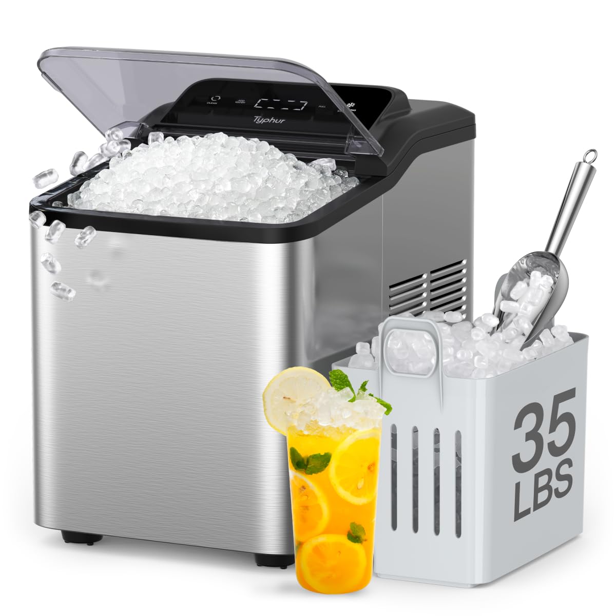 Typhur Fast Nugget Ice Maker Countertop with Self-Cleaning Pump, 35lbs/24H Crushed Pebble Ice Machine with Pellet Ice, 8 Packs Cleaner, Dual Ice Scoops for Home, Kitchen, Party, RV, Stainless Steel