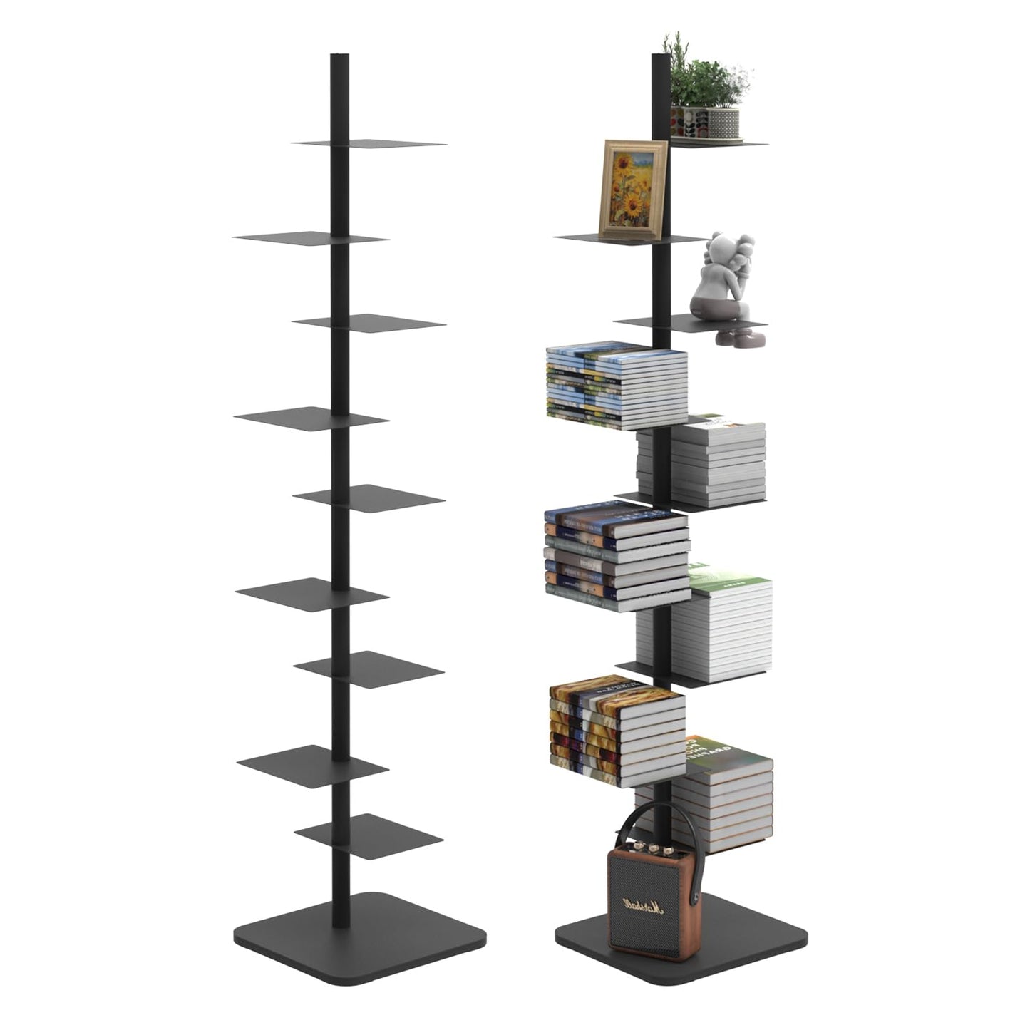 Choowin 9-Shelf Metal Spine Bookshelf Vertical Bookshelf, Adjustable Modern Floating Narrow Tree Book Shelf Book Tower, Display Shelf for Bedroom Living Room Office, 70 inch Tall, Black