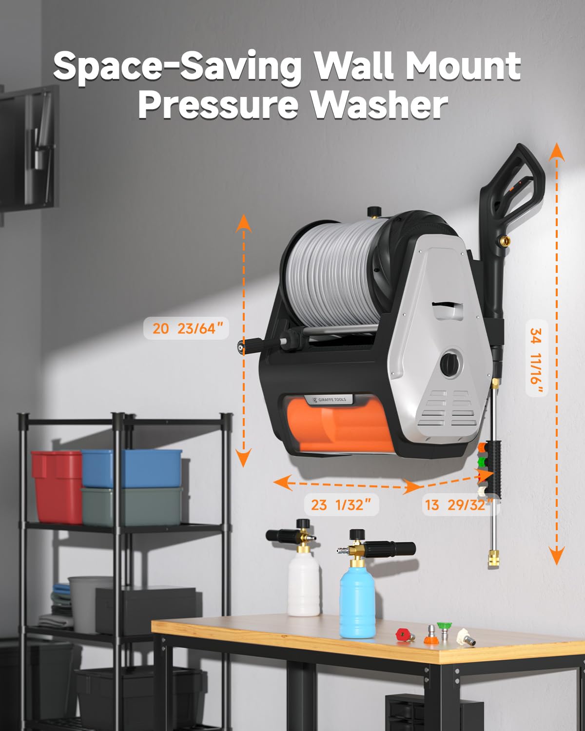 Giraffe Tools Grandfalls Wall Mount Pressure Washer Pro, Electric Power Washer with 1800W Motor, 4-Nozzles, Automatic Rewind, Any Length Lock, 100ft Pressure Hose