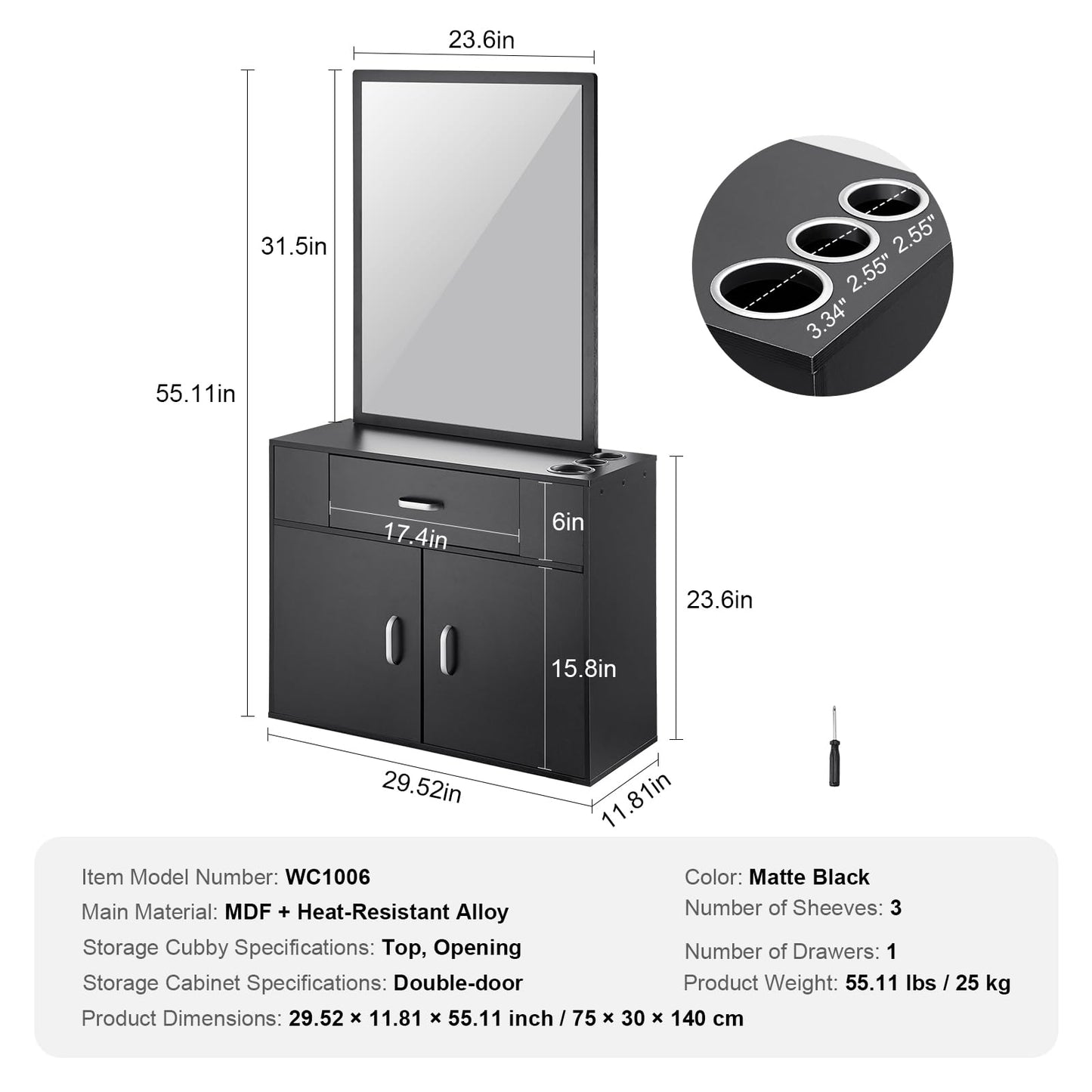 VEVOR Salon Storage Cabinet, Wall Mounted Barber Salon Station for Hair Stylist, Hair Stylist Station Set, with 3 Sleeves, A Mirror, Double-Door Cabinet, and A Drawer, Black