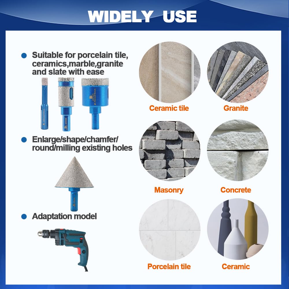 Tile Hole Saw Kit Diamond- BRSCHNITT 11pcs Diamond Core Drill Bit for Porcelain Tile Ceramic Marble Granite Drilling Triangle Shank