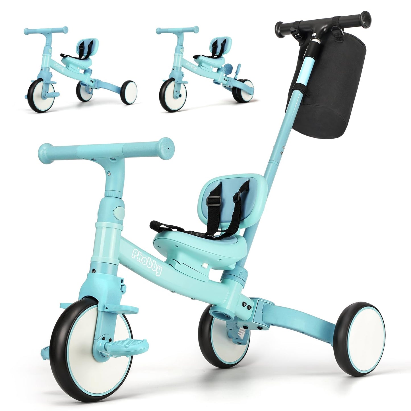 Phobby 5 in 1 Toddler Tricycle with Steering Push Handle for 1 2 3 4 Years Old, Kids Trike with Removable Pedals, First Riding Toy for Boys Girls Birthday Gift, Blue