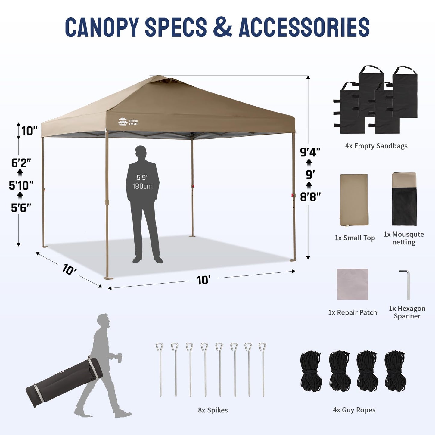 CROWN SHADES 10x10 Pop Up Gazebo, Canopy with Mosquito Netting,Instant Screen Tent with 4 Ropes, 8 Stakes, 4 Sandbags and Wheeled Storage Bag,for Patio & Backyard Parties,Camping&Events- Beige