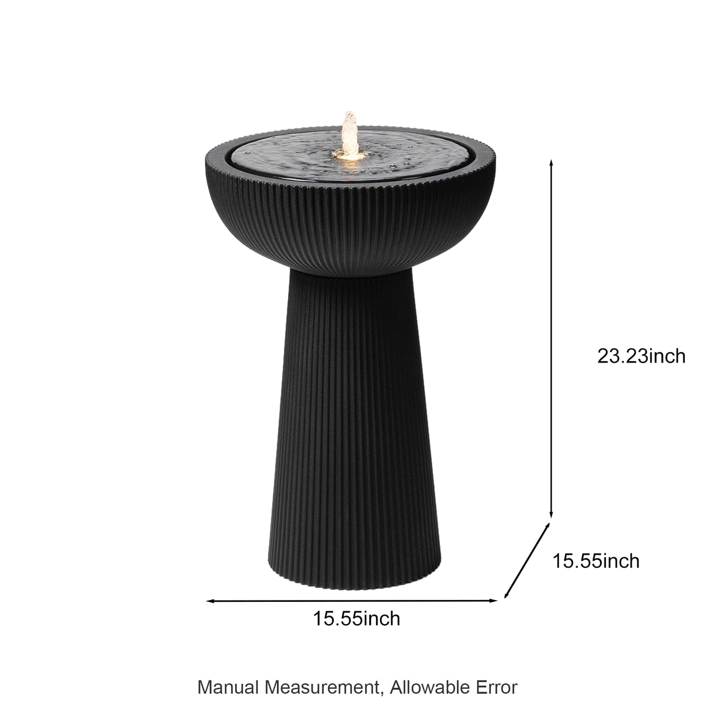 Puulye 23.23" H Outdoor Water Fountain Made with Eco-Friendly Recyclable Materials, Polyethylene Bird Bath Bubbler Water Fountain Outdoor, Garden Decor with LED Light & Pump for Patio (Black)
