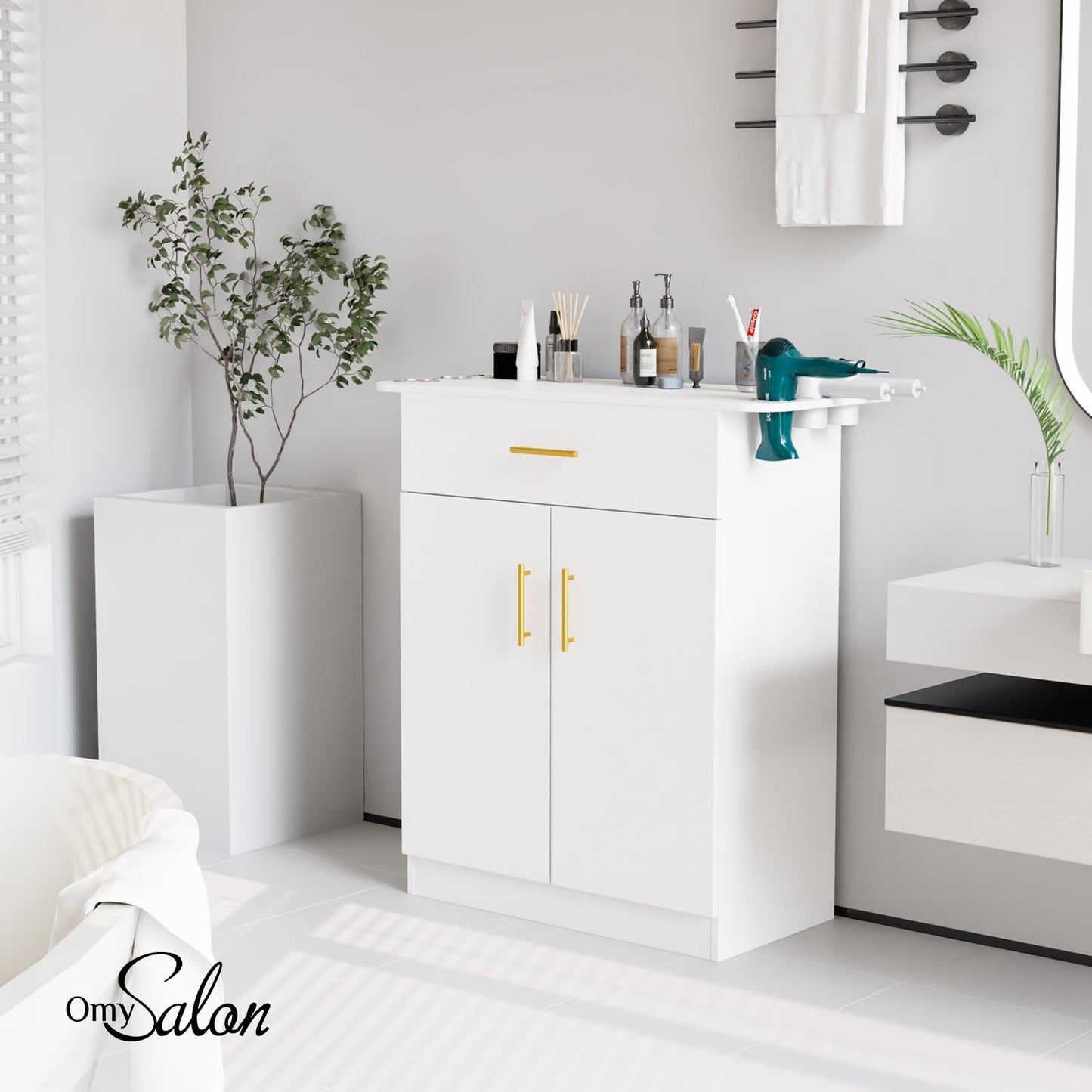OmySalon Salon Storage Station, Barber Stations Beauty Salon Spa Equipment, Free Standing Cabinet with 1 Drawers, 1 Storage Cabinet, 6 Hair Dryer Holders for Hair Styling, White