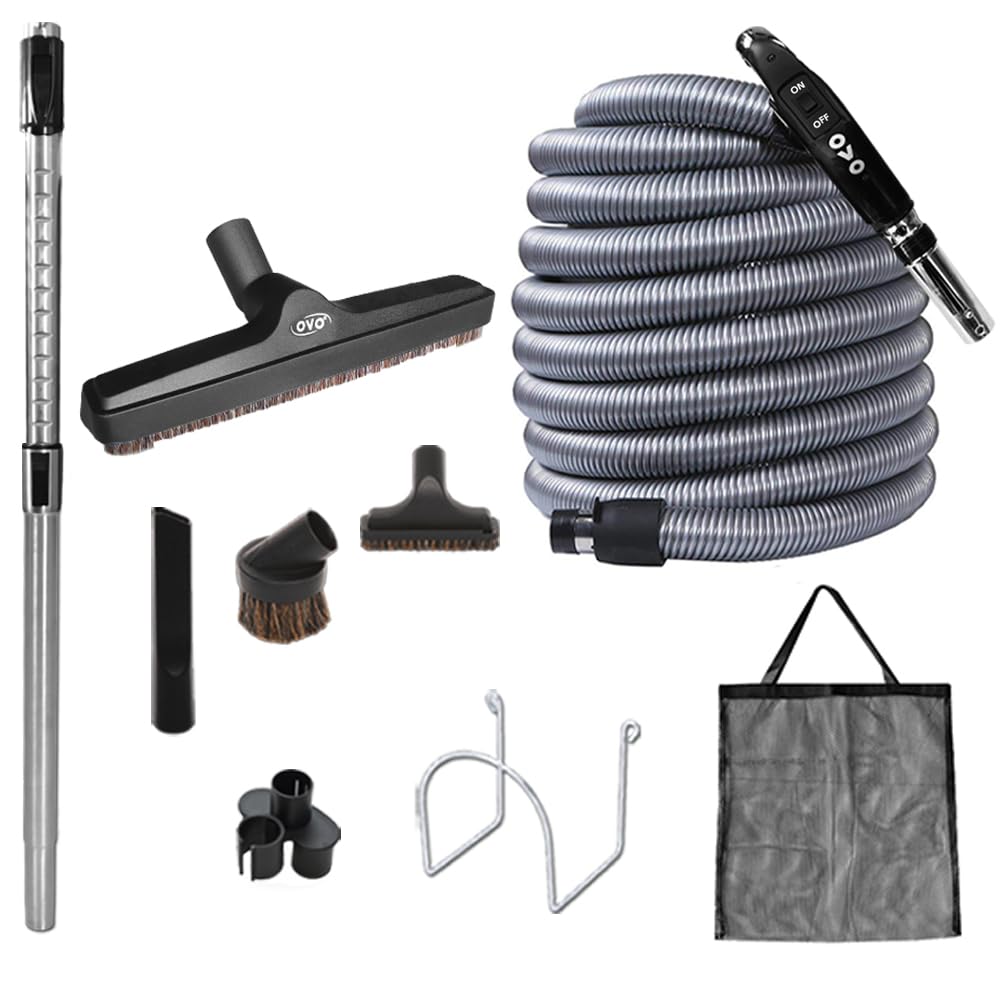 OVO Wall Mounted House Vacuum Cleaner, fits in Closet and Tight Spaces, 595 Airwatts, Use with Disposable Filtration Bags, 18L / 4.75 gal, Certified for North America with 40 ft Deluxe Accessory kit