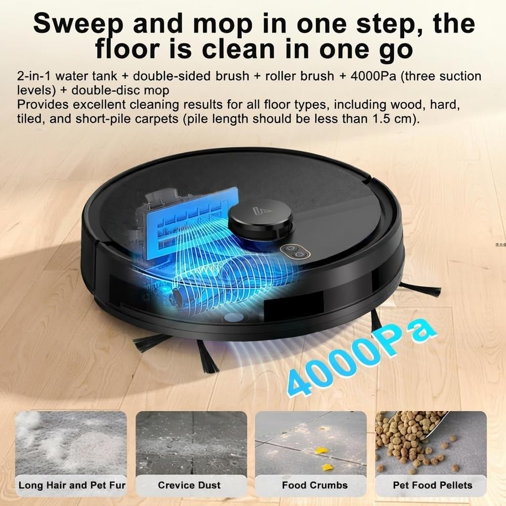 Robot Vacuum and Mop Combo, Robotic Vacuums with LiDAR Navigation, Smart Mapping, Strong Suction, with WiFi/App/Alexa/Voice Control, Obstacle Avoidance, for Home, Wood/Hard Floors, Pet Hair Black