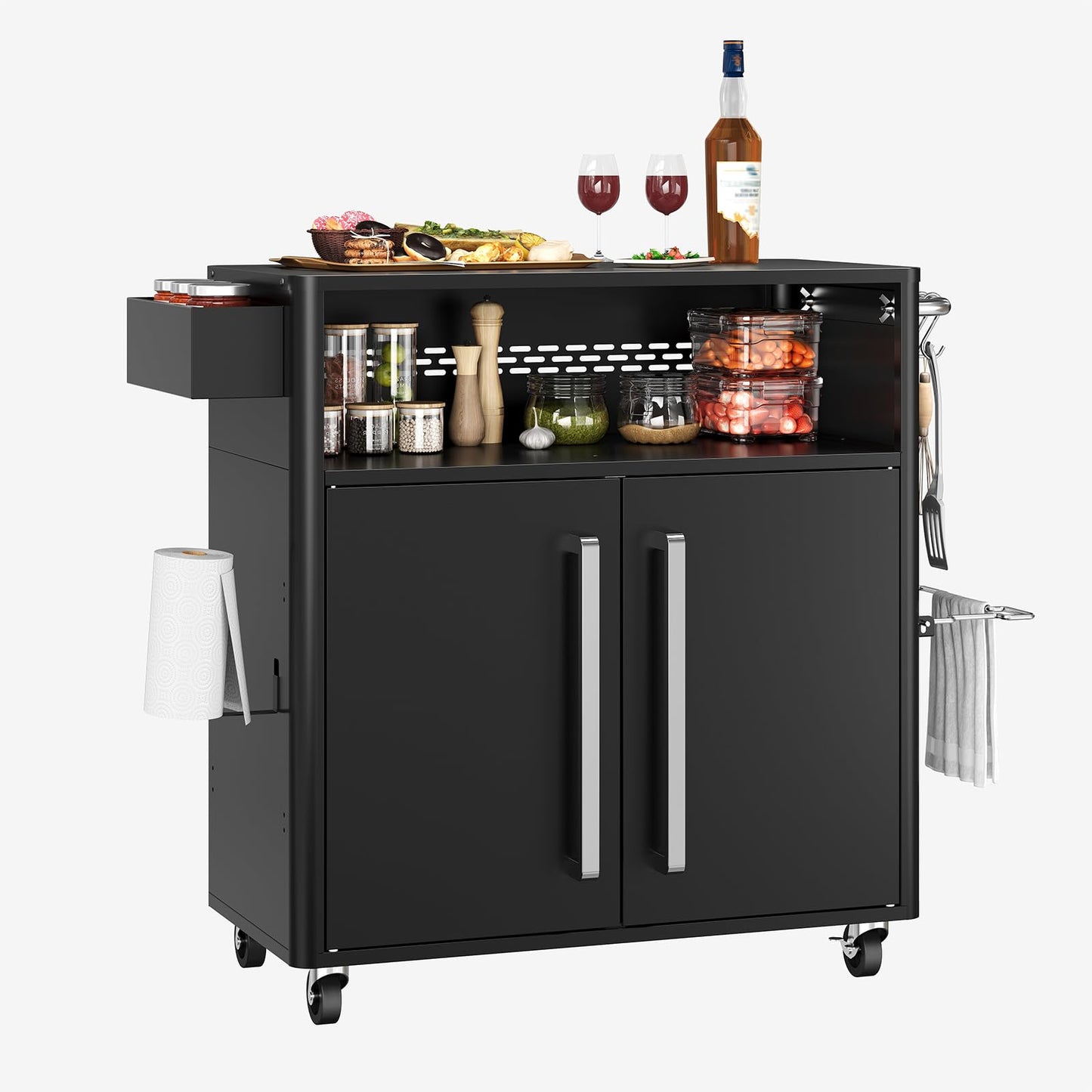 Garvee Grill Table, Outdoor Grill Cart with Storage Cabinet, Kitchen Cart Island Multifunction Food Prep Table Stainless Steel Surface, Outside BBQ Backyard Include Hooks Spice Rack