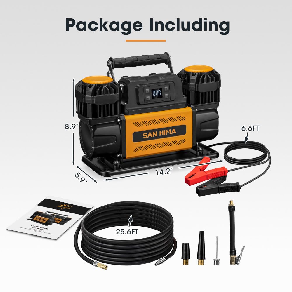 SanHima 12V Air Compressor - Dual Cylinder Portable Tire Inflator 12.36 CFM w/LED Screen, Offroad Air Pump Heavy Duty Max 150 PSI for 4x4 Vehicle RV Truck Tires
