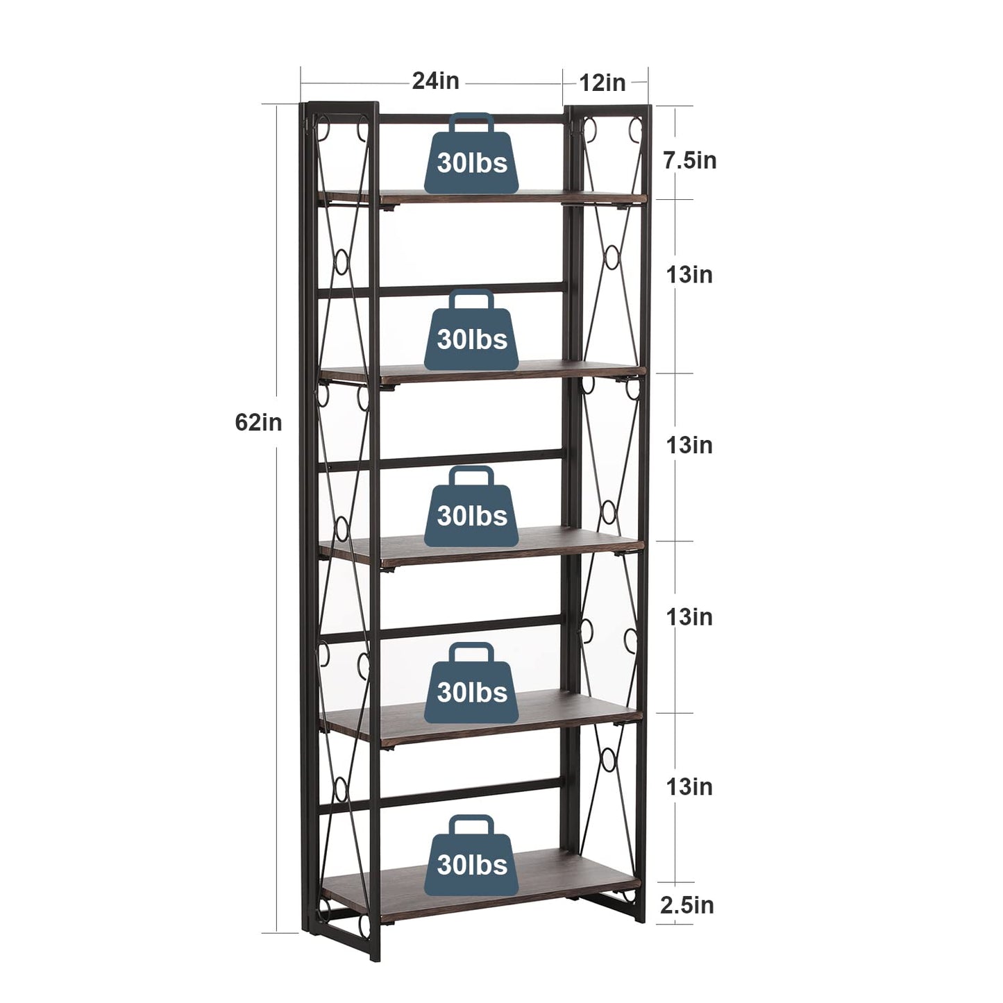VECELO Folding Bookshelf, 5 Shelf Bookcase No Assembly, Industrial Metal Frame Shelves Rack Organizer for Living Room, Office,Walnut 1 Set