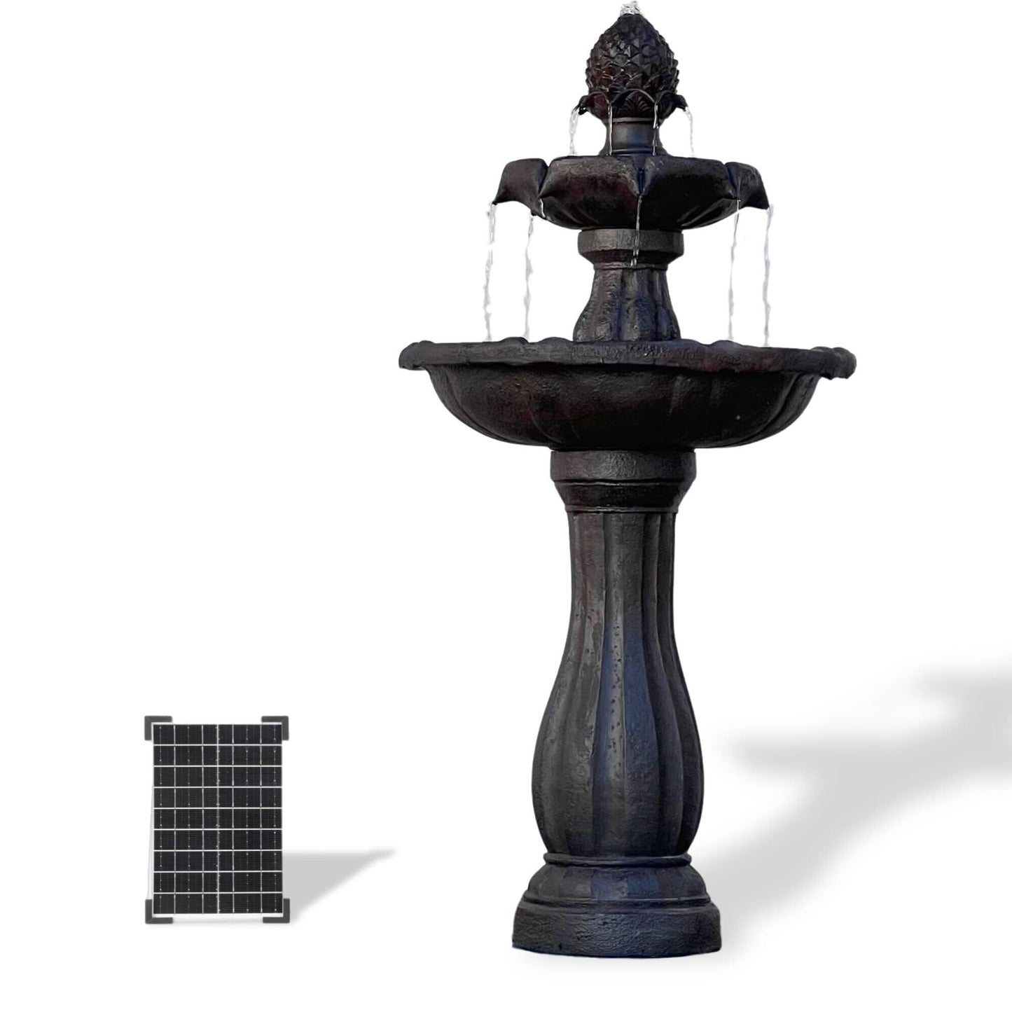 XBrand 44" 2-Tier Solar Water Fountain, Fiberglass/Resin Outdoor Fountain with Solar Panel & Auto Shut-Off Pump, Dark Brown