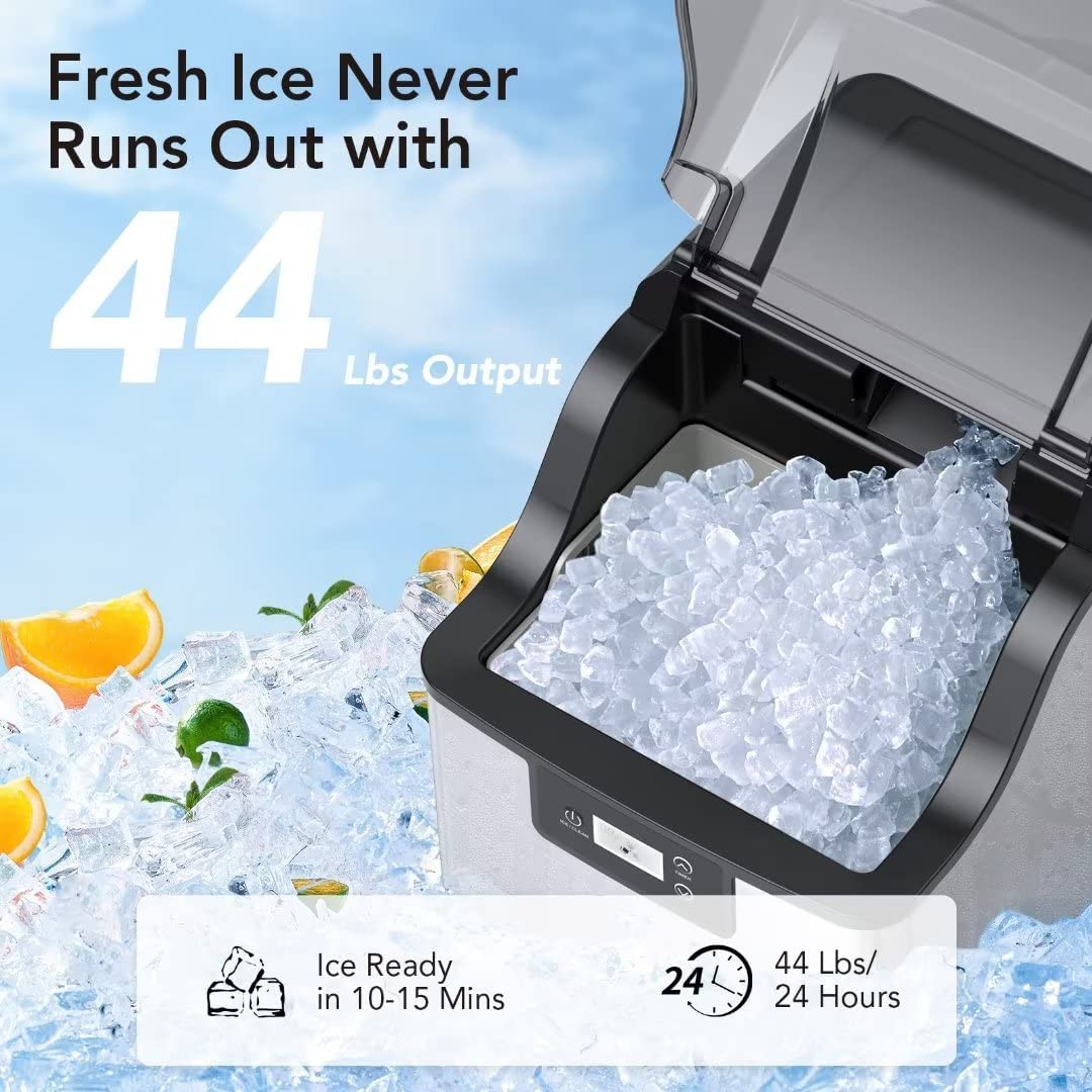 Garvee Compact Countertop Ice Maker, 44 LBS/Day Nugget Ice Maker Machine, Stainless Steel Pebble Ice Cube Maker with Self-Cleaning, 24H Timer, Ice Basket and Ice Scoop for Home, RV, Office