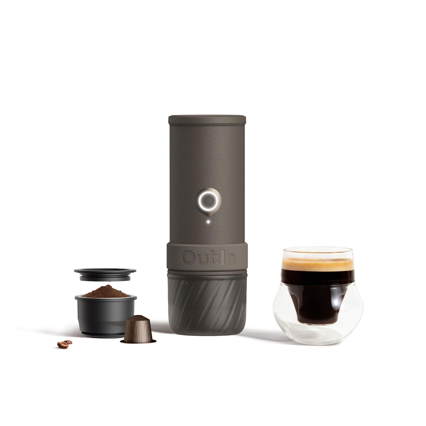 OutIn Mino Portable Electric Espresso Machine, Mini Camping Coffee Maker for Travel, Pocket Sized Coffee Machine Self-Heating, Ground Coffee & NS Capsule Adapter For Adventure