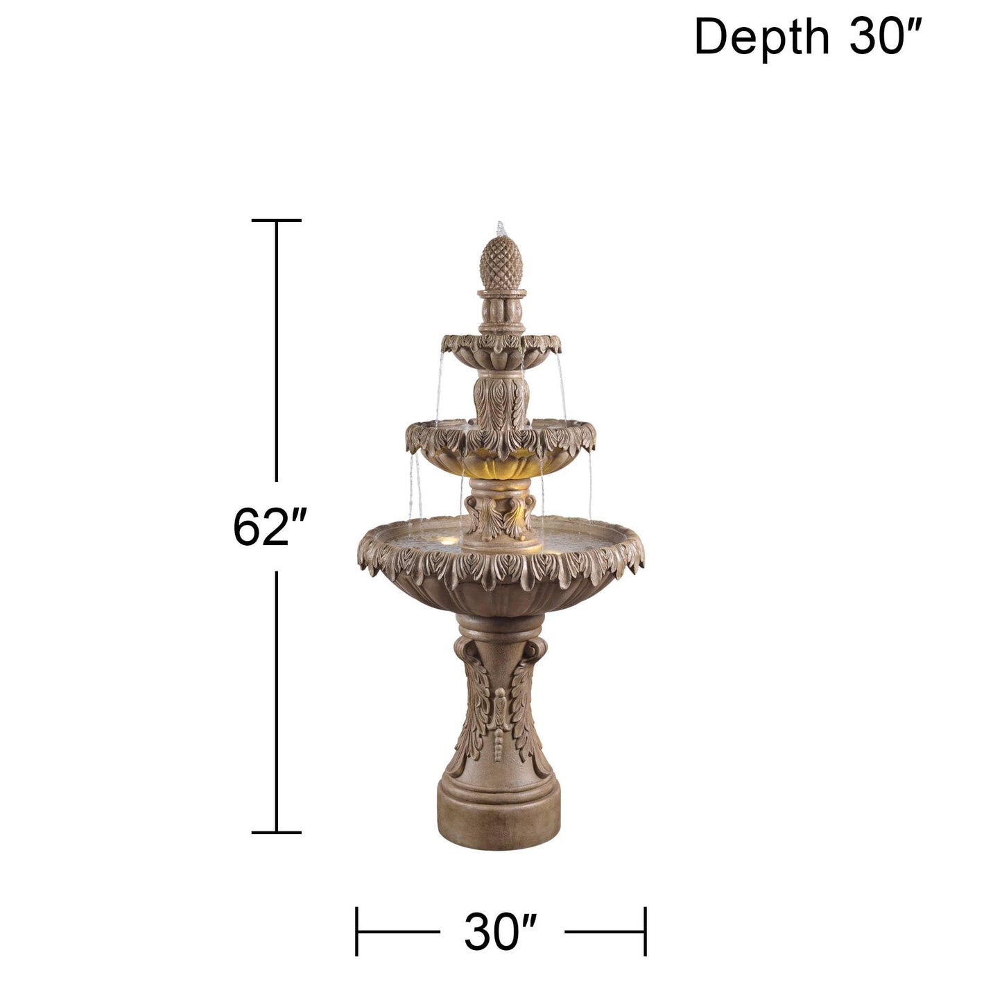 Ibiza 62" High Large Italian Outdoor Decor Sand Stone Floor Fountain with Light LED Waterfall 3-Tier Standing Basin Water Feature for Outside Garden Patio Yard Backyard Porch - John Timberland