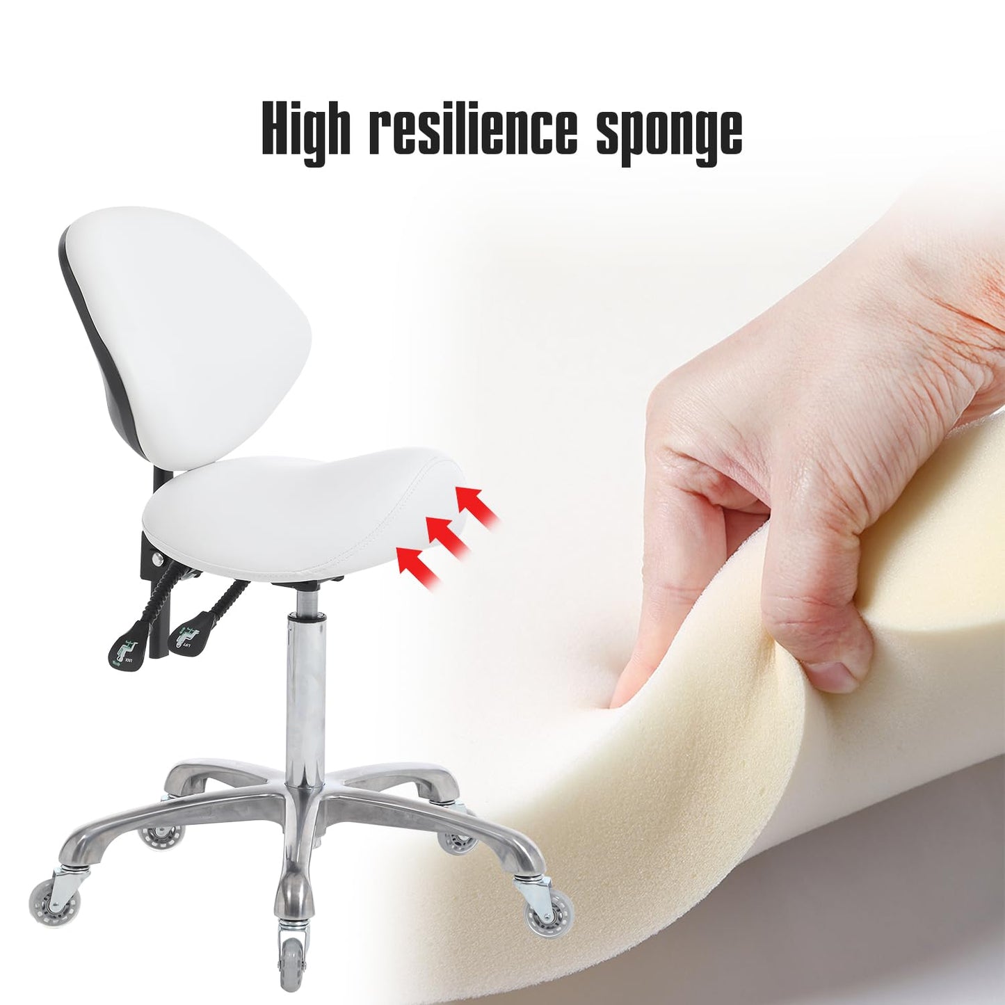 FRNIAMC Hydraulic Saddle Rolling Adjustable, Heavy-Duty (350 lbs) Stool Chair for Beauty Salon Massage Dental Clinic Home Office Use(White, Updated to Soft Wheels)