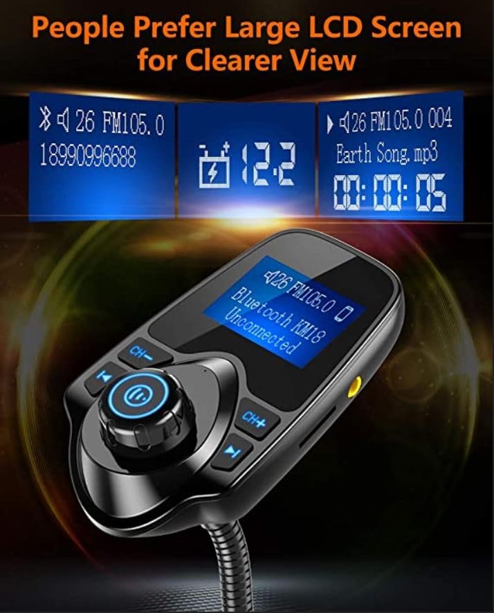 Nulaxy Car Bluetooth FM Transmitter [2024 Upgraded], 1.44" Display Flexible Gooseneck, Handsfree Call Wireless Music Stereo Audio Player Radio Adapter Car Kit USB Phone Charger, TF SD Card AUX-KM18
