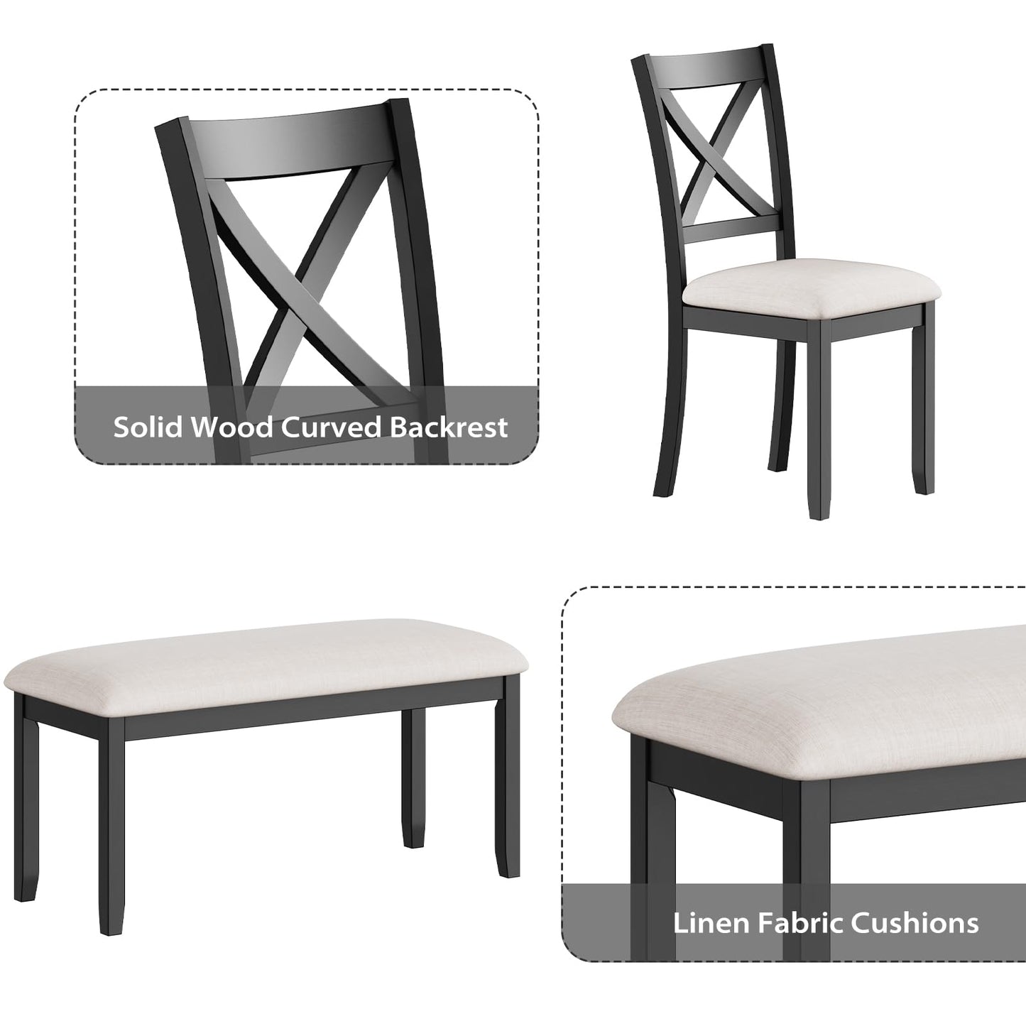 Zevemomo 6-Piece Solid Wood Dining Table Set, Including 1 Dining Table, 4 Upholstered Chairs and 1 Bench, Farmhouse Wooden Legs Dining Table Set for Living Room, Kitchen, Black