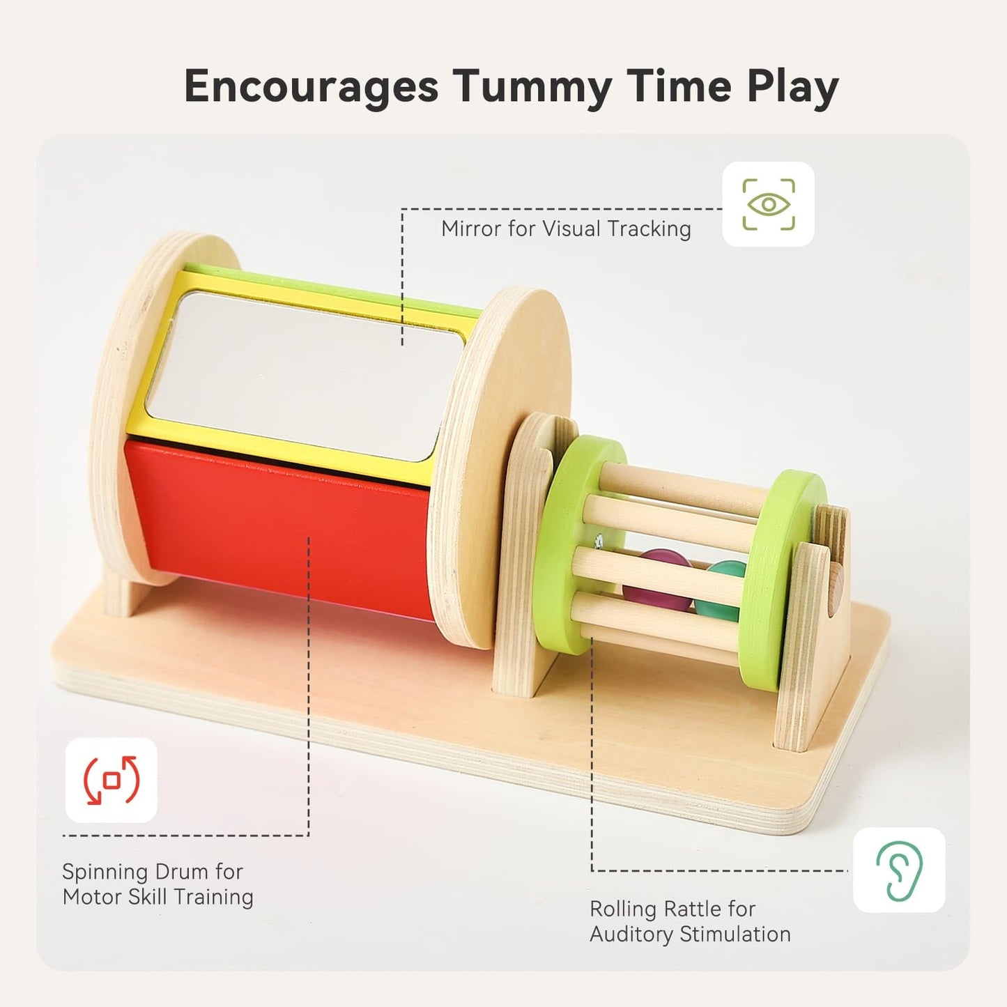 IEATFO 2-in-1 Montessori Baby Toys | Wooden Spinning Drum & Rolling Rattle Combo for 3 6 12 Months | Sensory Development Toys with Mirror, Bells & Tummy Time Play | ASTM Certified Gift (Girl/Boy)