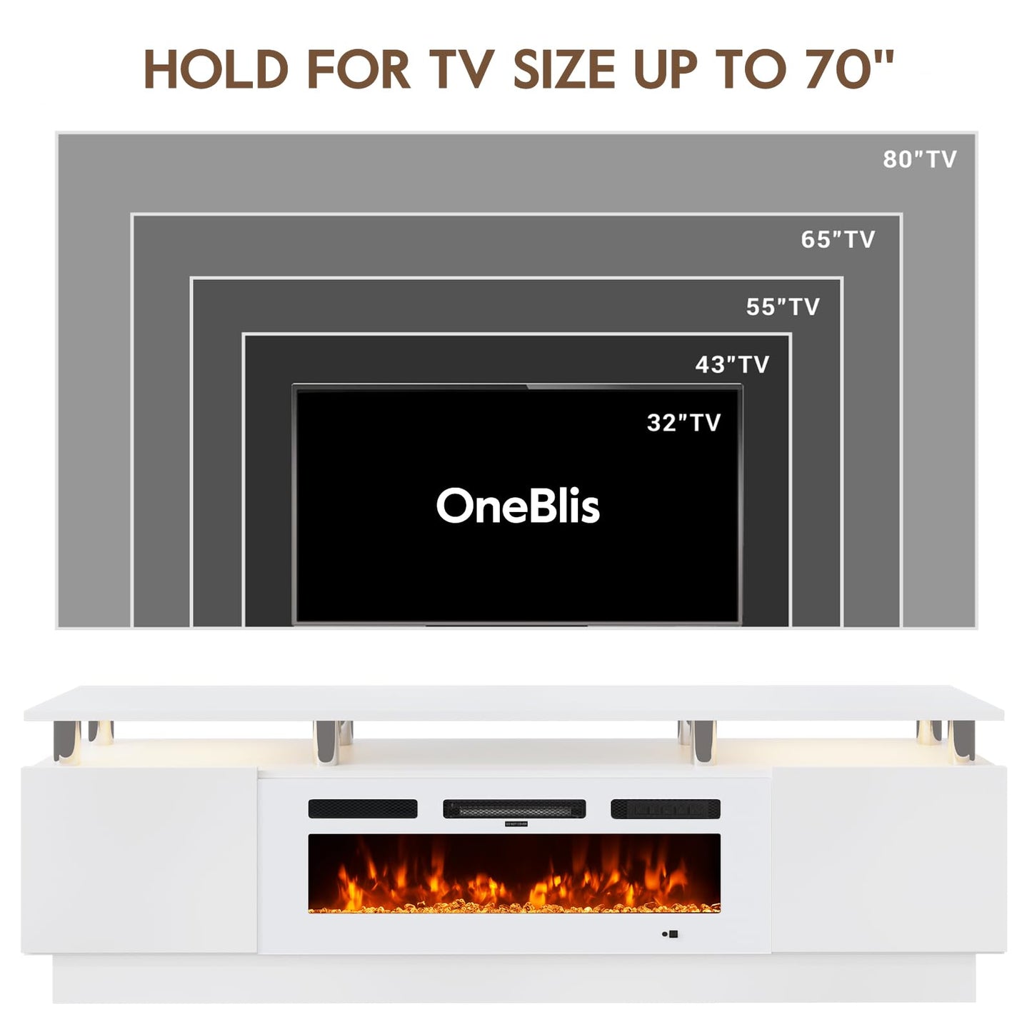 OneBlis 70" TV Stand for Living Room, Entertainment Center & Media Console with Storage, Fits TVs up to 80", Modern TV Cabinet with Shelves, 36" Electric Fireplace (All White)