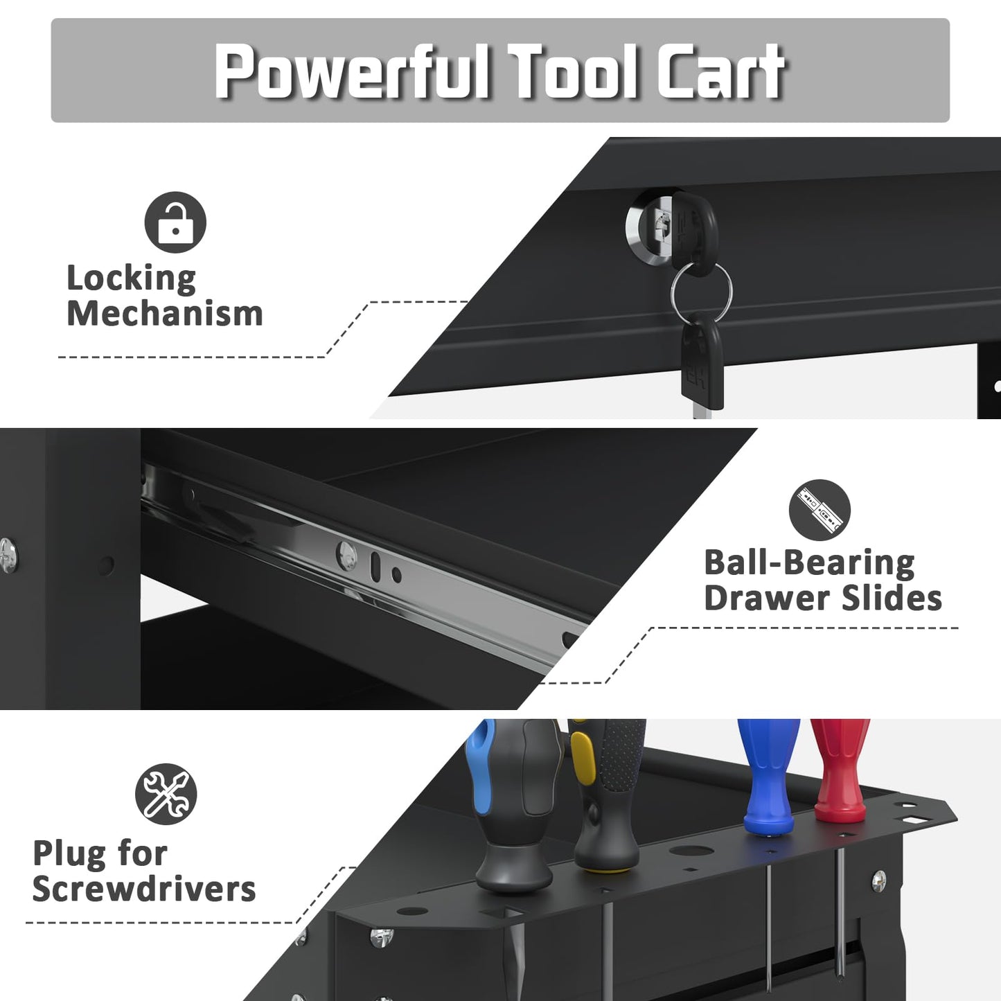 Pelnuies 3 Tier Rolling Tool Cart, 400 LBS Capacity Mechanic Tool Carts on Wheels, Heavy Duty Utility Cart with Drawers, Metal Work Cart for Garage, Warehouse and Repair Shop, Matte Black