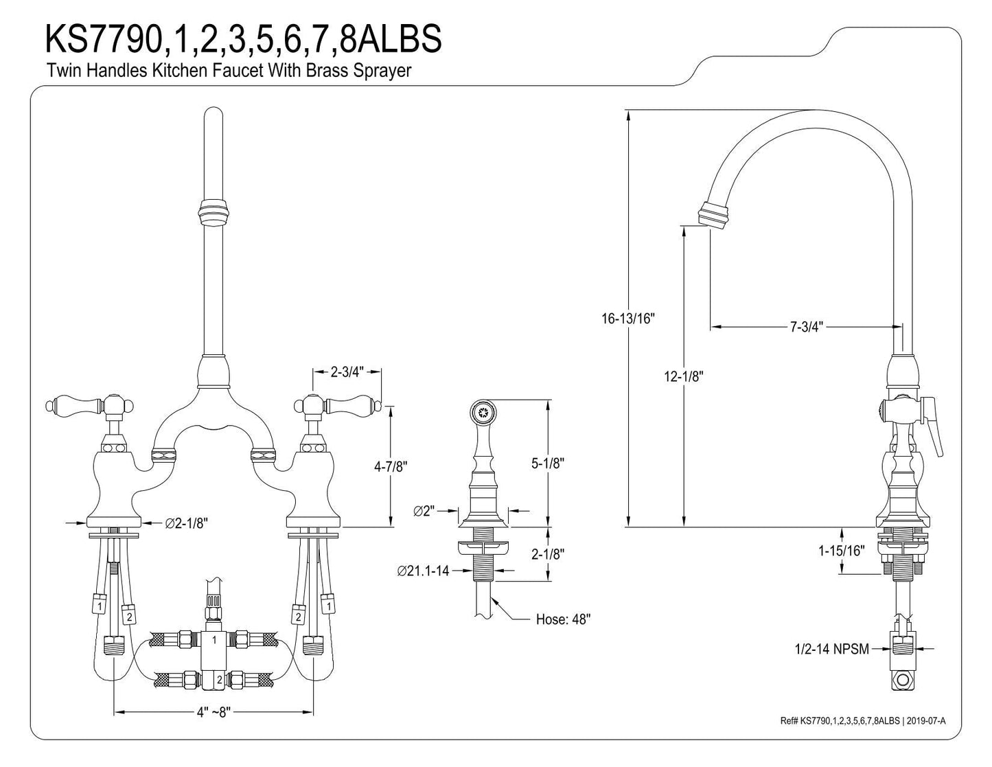 Kingston Brass KS7792ALBS English Country Bridge Kitchen Faucet, Polished Brass, 13.5 x 7.75 x 16.81