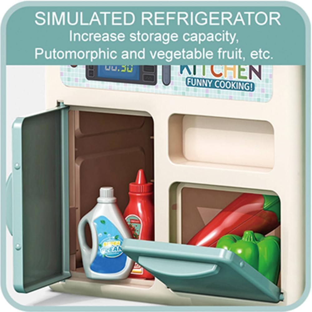 R REVA Cooking Kitchen Set Toy - 33PCS Mini Kitchen Playset for Kids with Water Spray, Light & Sound Effects - Toddler Pretend Play Appliances, Sink & Miniature Food, Educational Gift for Girls & Boys