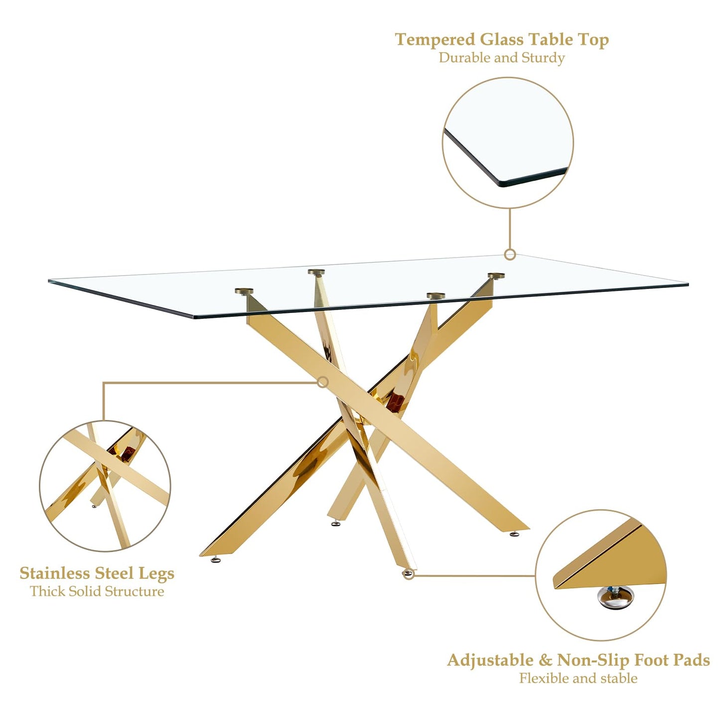 HAIZAO 63" Glass Dining Table for 4-6, Contemporary Rectangular Dining Room Table with Tempered Glass Top & Gold Finish Stainless Steel Legs, Modern Large Dining Table for Home Kitchen