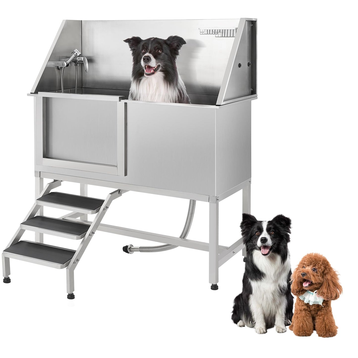 Patikuin Professional Stainless Steel Dog Grooming Bath Tub – Slide-in Ramp, Non-Slip Grate, Adjustable Height, Shower, Soap Box, Faucet – for Small, Medium & Large Breeds – Polishing Process Silver,
