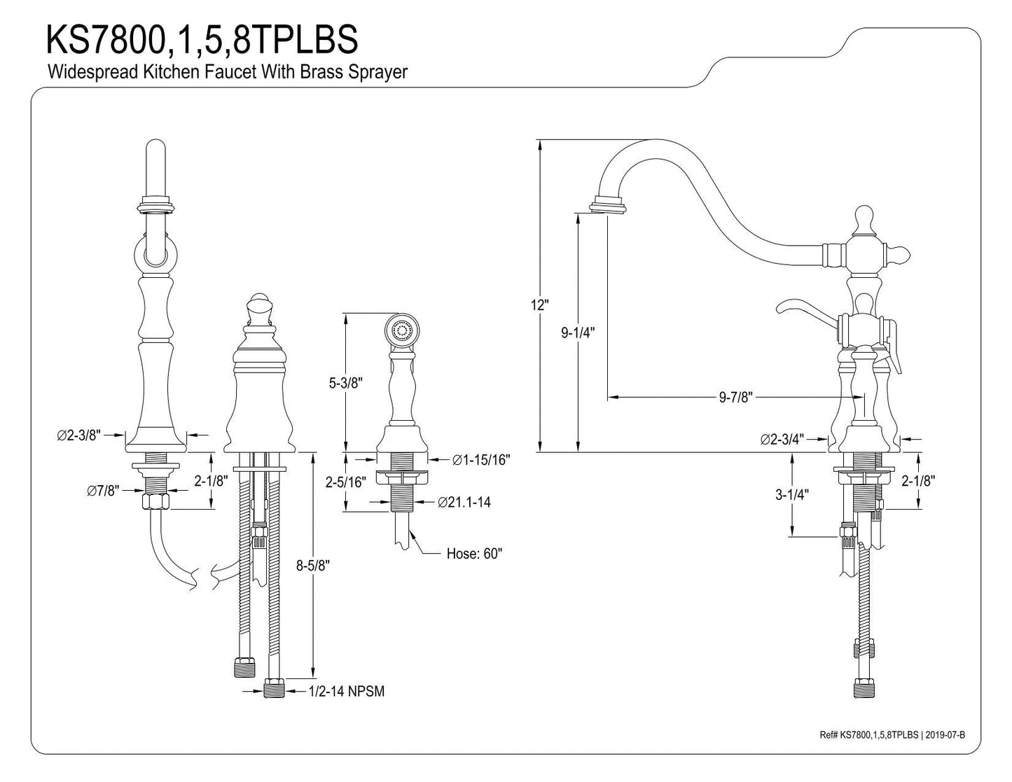 Kingston Brass KS7805TPLBS Templeton Widespread Kitchen Faucet with Brass Sprayer, Oil Rubbed Bronze, 8-Inch Center , Oil-Rubbed Bronze