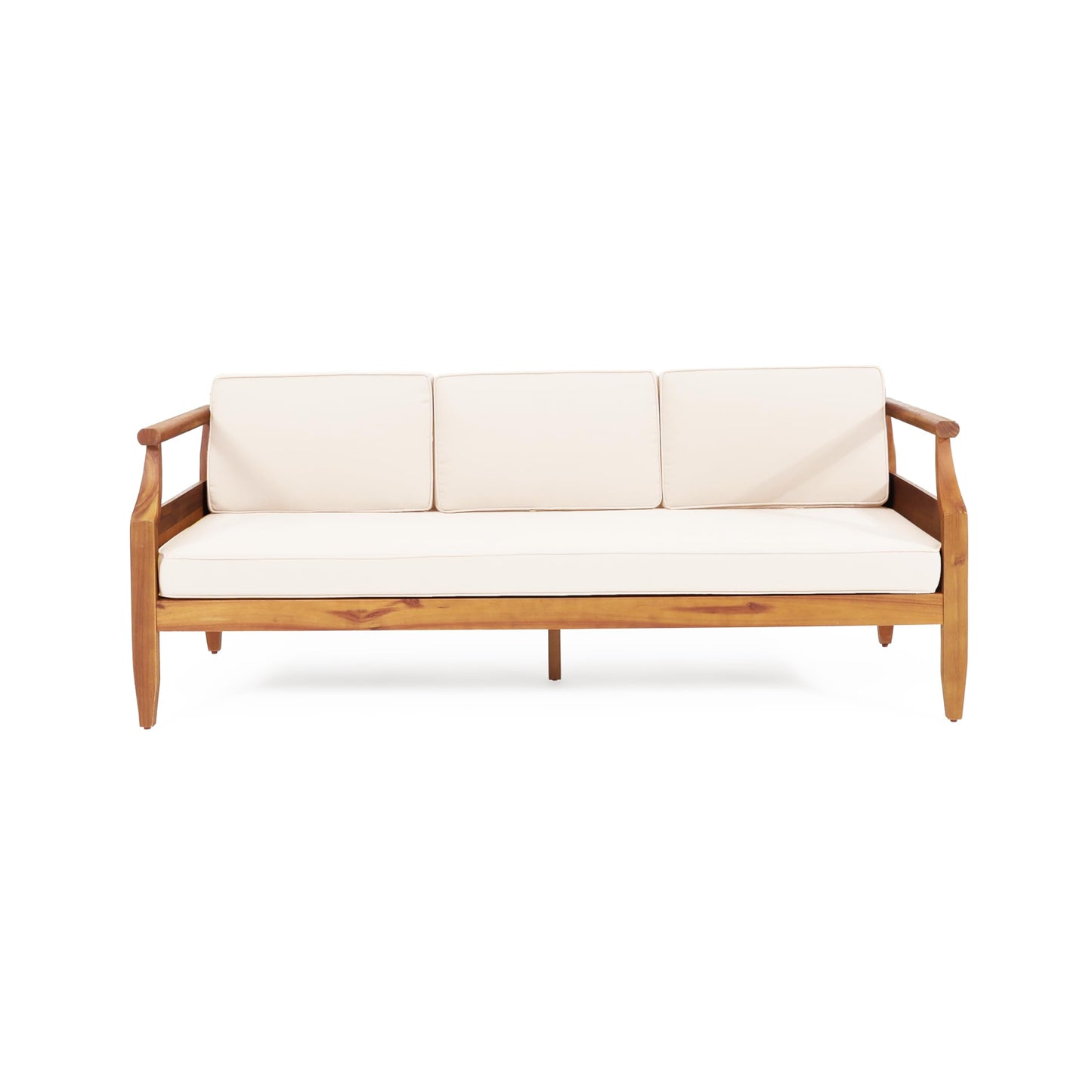 Christopher Knight Home Aston Outdoor 3 Seater Sofa, Upholstered Cushion Couch, Acacia Wood Bench Sofa, Slat Armchair, 73.25" W Spacious Seating Bench Couch for Gardern Porch Balcony, Teak+Beige