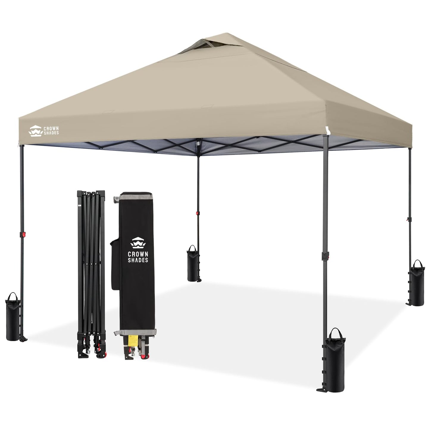 CROWN SHADES 10x10 Pop Up Canopy Tent - Patented Center Lock One Push Instant Outdoor Canopy Beach Tent with STO-N-Go Bag 8 Stakes & 4 Sand Bags，Khaki