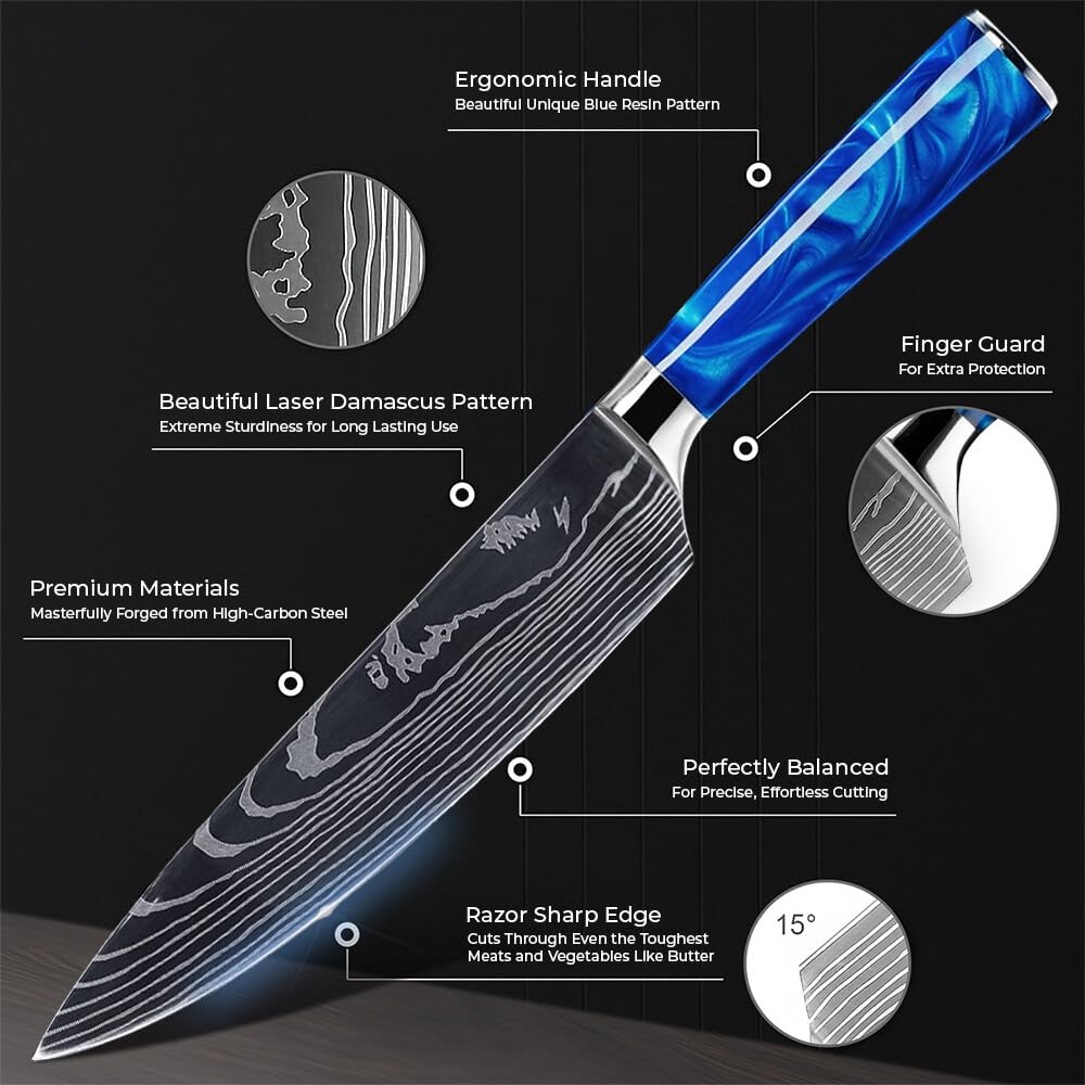 SENKEN 8-Piece Japanese Knife Set - Blue Resin Handle, Laser Damascus Blades - Chef's, Santoku, Bread & Paring Knives