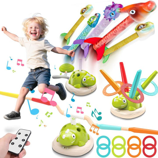 3 in 1 Dinosaur Rocket Launcher Musical Jump Toss Ring Game and Stomping Toys for Kids Outdoor with Remote Control, Indoor Outside Toy for Boys Girls 3-13 Toys for Ages 5 6 7 8 9 10 11 Birthday Gifts