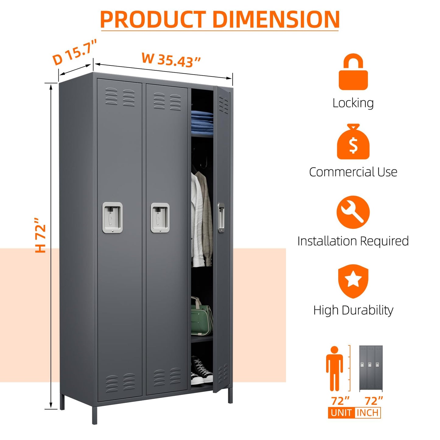 SUPEER Metal Storage Locker with 3 Doors,Metal Locker for Employees with 9 Hooks for School Garage Office Gym Home,Assembly Required,Dark Grey