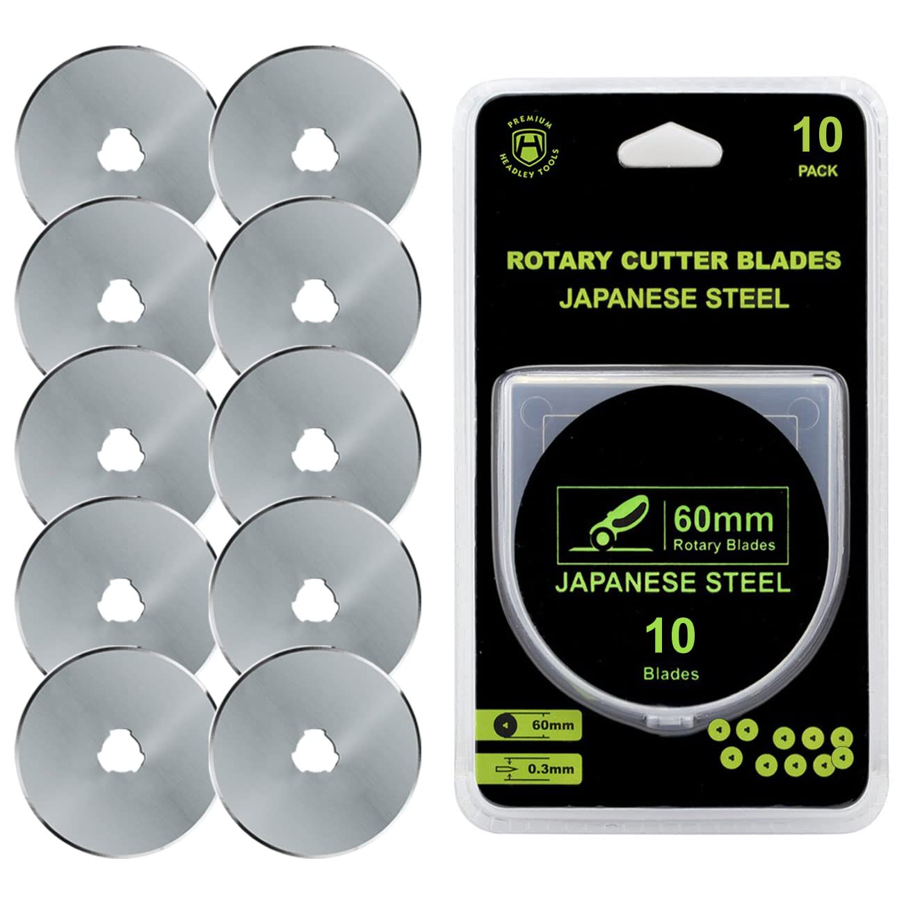 HEADLEY TOOLS 60mm Rotary Cutter Blades 10 Pack Fits Olfa, Fiskars, Replacement Rotary Blade for Arts Crafts Quilting Scrapbooking Sewing, Sharp and Durable