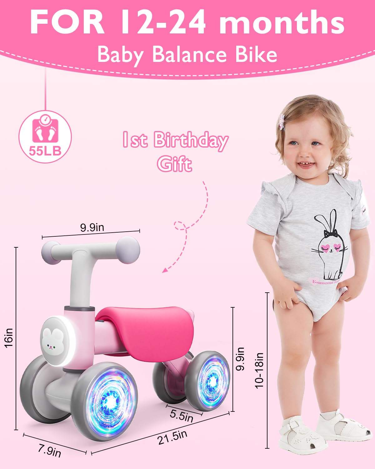Toddler Toys Balance Bike for 1 Year Old Girl Gifts,4 Wheels Colorful Lighting with Music Baby First Bike,Toddler Girl Toys Balance Bike for 1st 2 Year Old Birthday Gifts