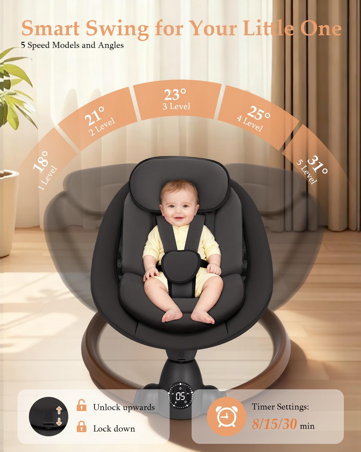 Baby Swing for Infants, Electric Baby Swing with Bluetooth, Portable Infant Swing with 5 Speeds, 10 Lullabies, 5-Point Harness & Remote Control, for Newborns Infants Indoor Outdoor Use (Black)