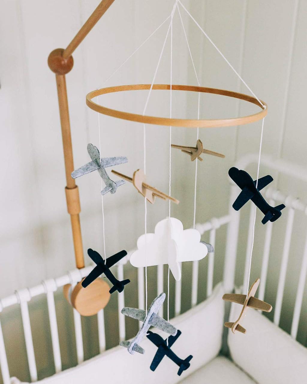 Baby Crib Mobile – Wooden Hanging Nursery Baby Mobile for Crib, Nursery Decor for Boys & Girls, Perfect Shower Gift (Airplanes in The Clouds, Grey and White) Also Fits Bassinets, Sorrel + Fern