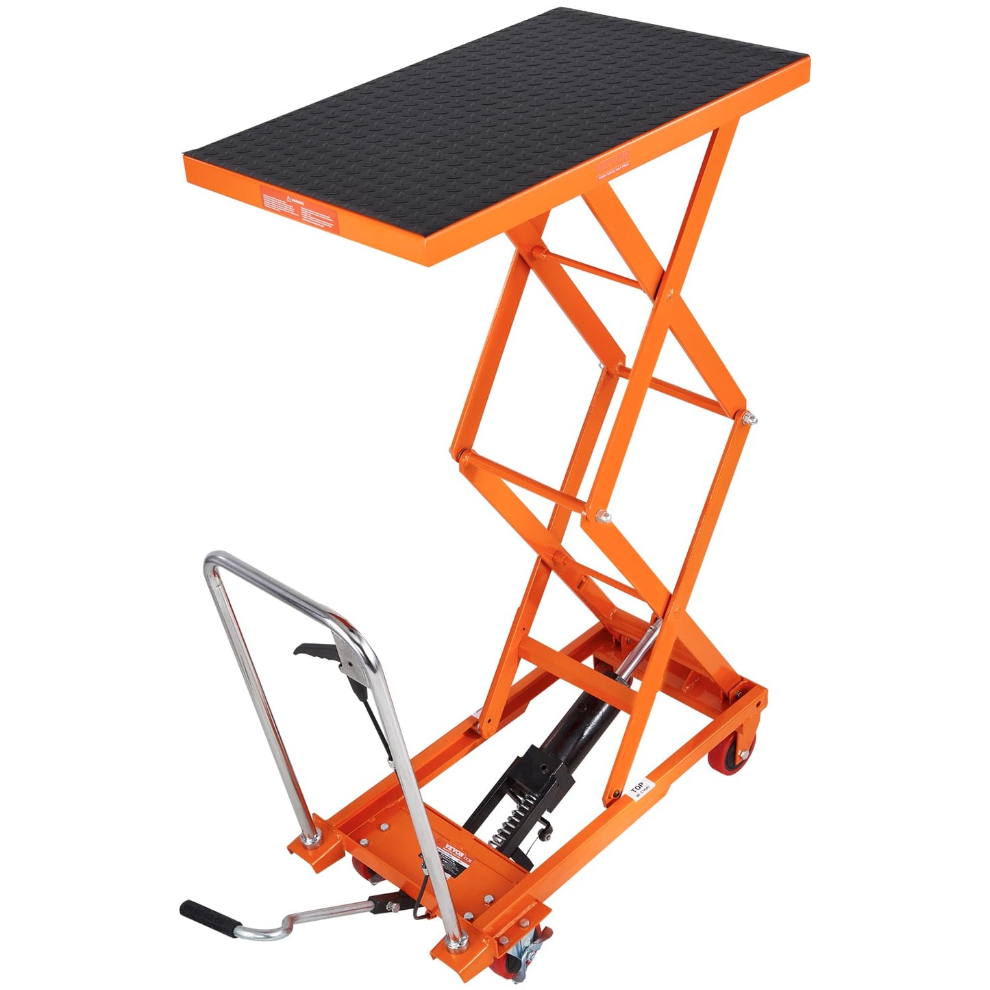 VEVOR Hydraulic Lift Table Cart, 330lbs Load Capacity 50 Inch Lifting Height, Manual Single Scissor Lift Table with Non-Slip Pad and 4 Wheels, Alloy Steel, Orange