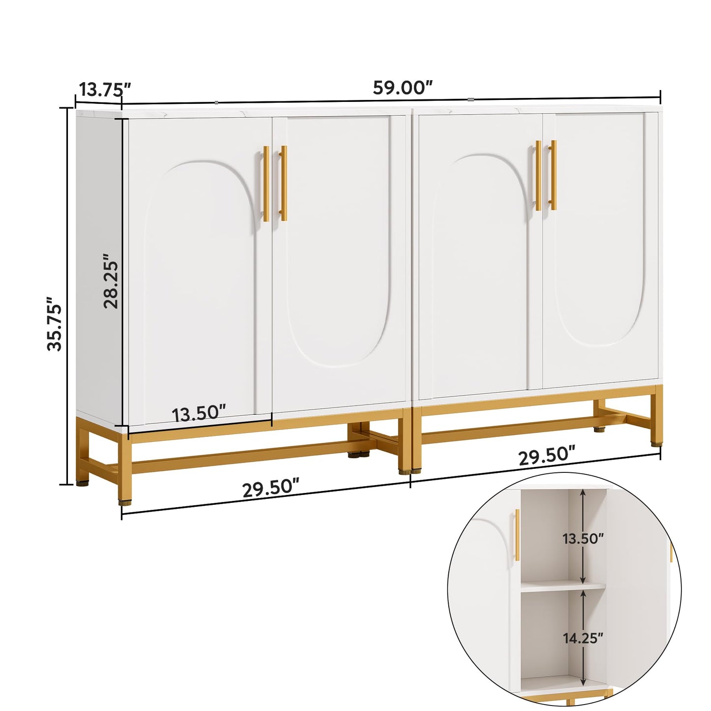 LITTLE TREE Modern Sideboard Buffet with Adjustable Shelf, 4 Doors Storage Cabinet with Faux Marble Top Metal Frame for Living Room Kitchen Dining Room Hallway, White Gold