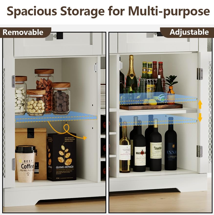 Gyfimoie Farmhouse Wine Bar Cabinet with LED Lights, Kitchen Coffee Bar Cabinet with Acrylic Mirror, Wine & Glass Rack, Storage Shelves and 3 Drawers (Signle Hutch)
