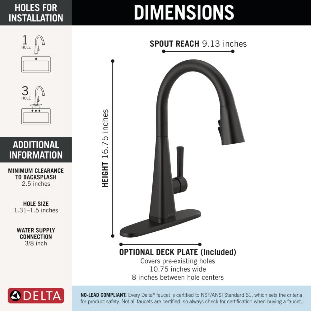 Delta Lenta Touchless Kitchen Faucet with Touch Technology, Matte Black Kitchen Sink Faucet with Pull Down Sprayer, Single Hole, Matte Black 19802TLZ-BL-DST