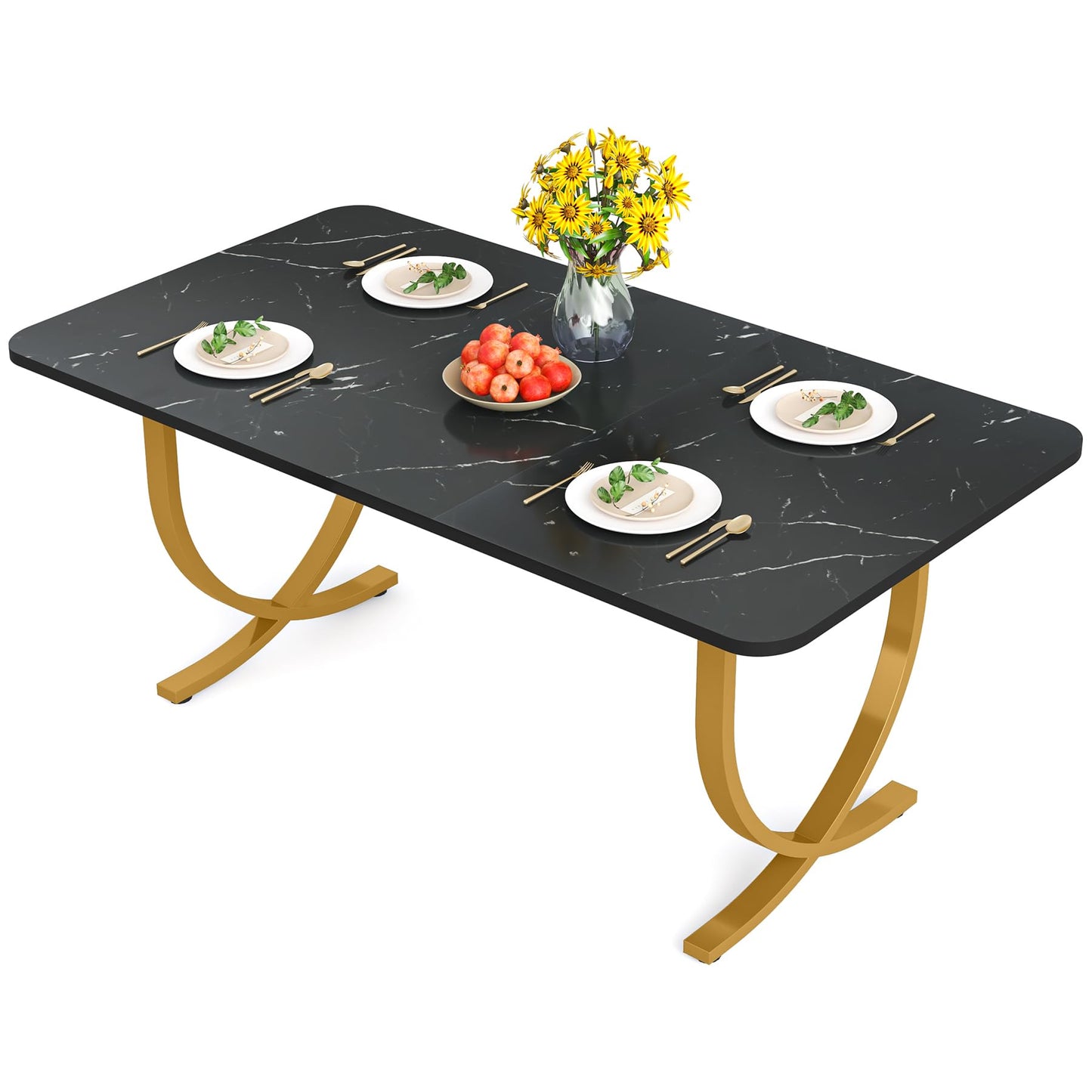 LITTLE TREE Dining Room Table, Kitchen Table with Faux Marble Table Top and Gold Metal Legs