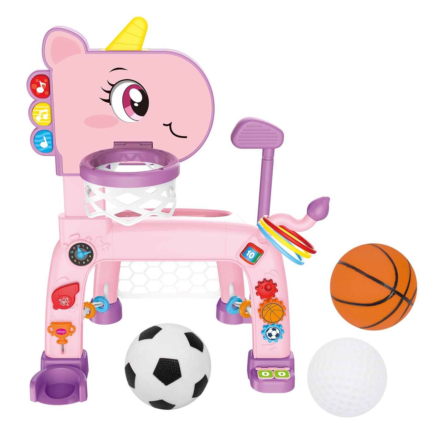 Toddler Basketball Hoop & Soccer Goal Activity Center with Golf Ring Toss, 4 In 1 Toddler Sport Toy with Light & Bilingual Music, Montessori Toy for 1 Year Old Girl Gift (24.2''-27.6'' H)