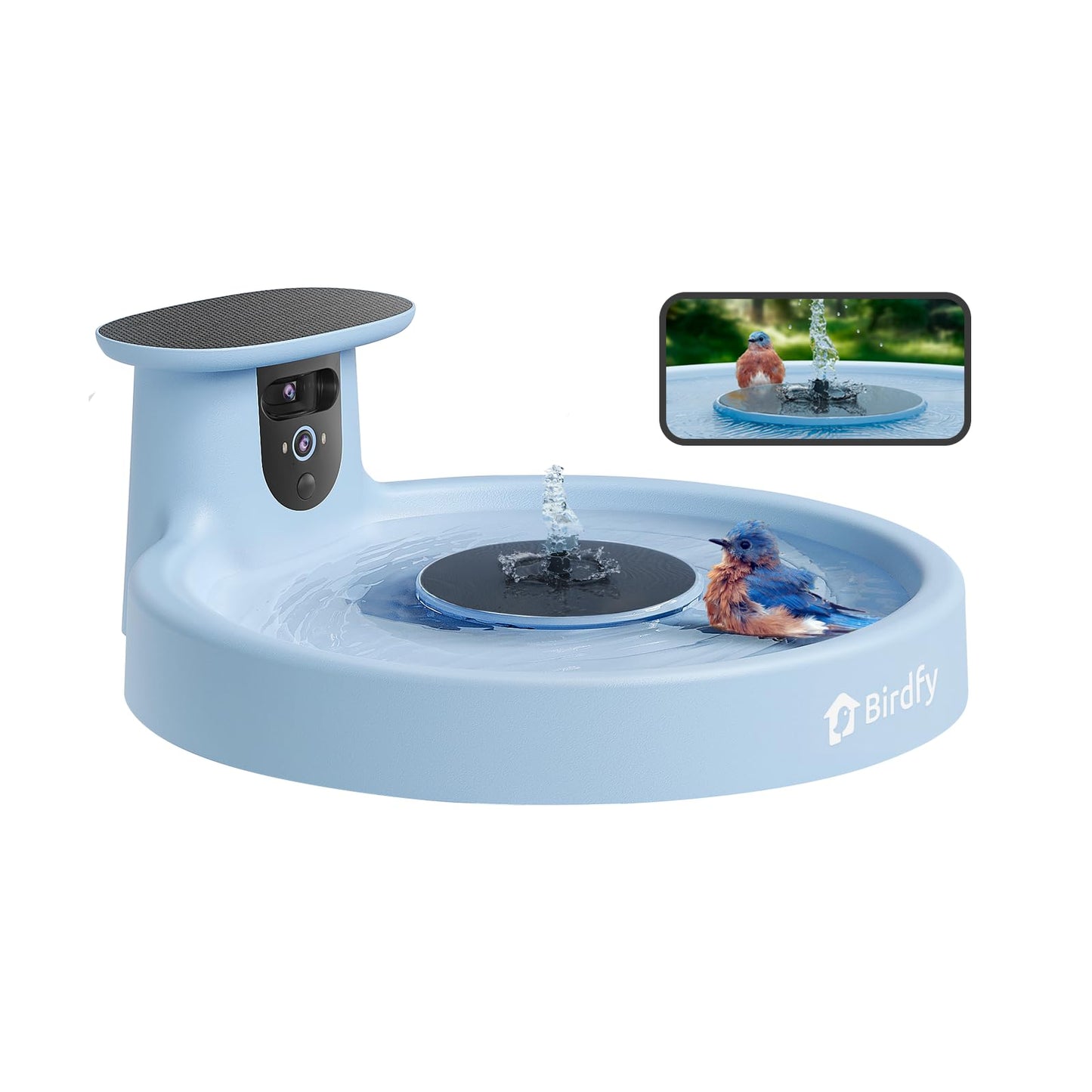 Birdfy Smart Bird Bath with Camera Solar Powered & Fountain, Dual-Lens Camera for Wildbird Watching, Auto Capture Bird Videos & Motion Detection - AI by Subscription (Blue)