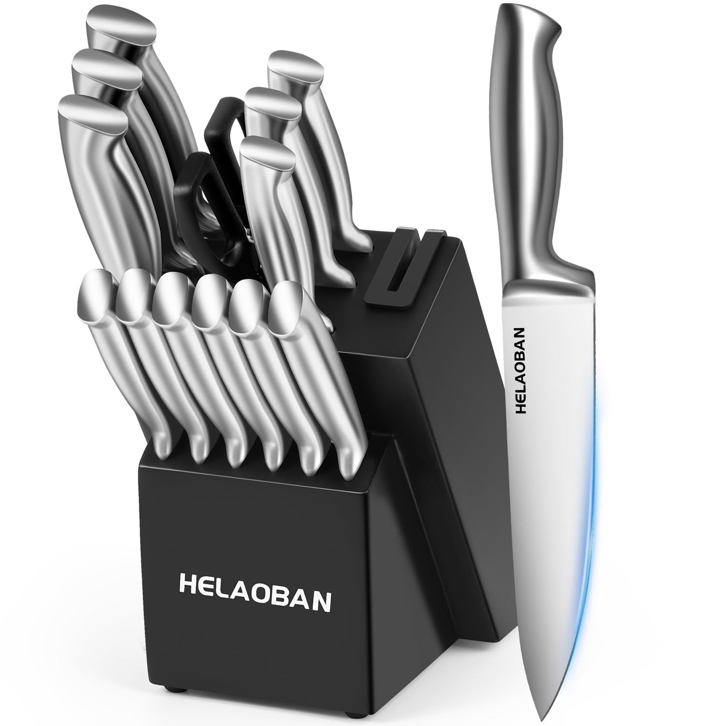 HELAOBAN 14-Piece Kitchen Knife Set with Block & Built-in Sharpener, Professional Chef Knives Set High Carbon Stainless Steel Sharp Cooking, Rust Proof, Dishwasher Safe, Wooden Block