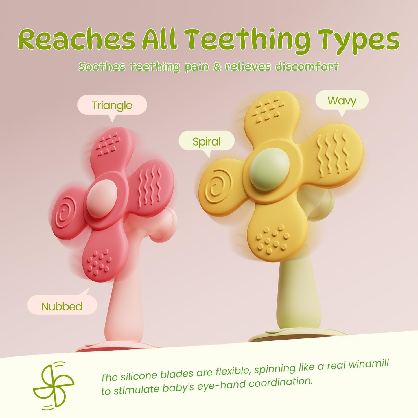 Windmill Baby Teething Toys, 2-in-1 Silicone Teether & Montessori Sensory Rattle Toy, BPA-Free Food Grade Baby Teether, 6-12 12-18 Toddler Boy Girl Essentials for Teething Relief, Green