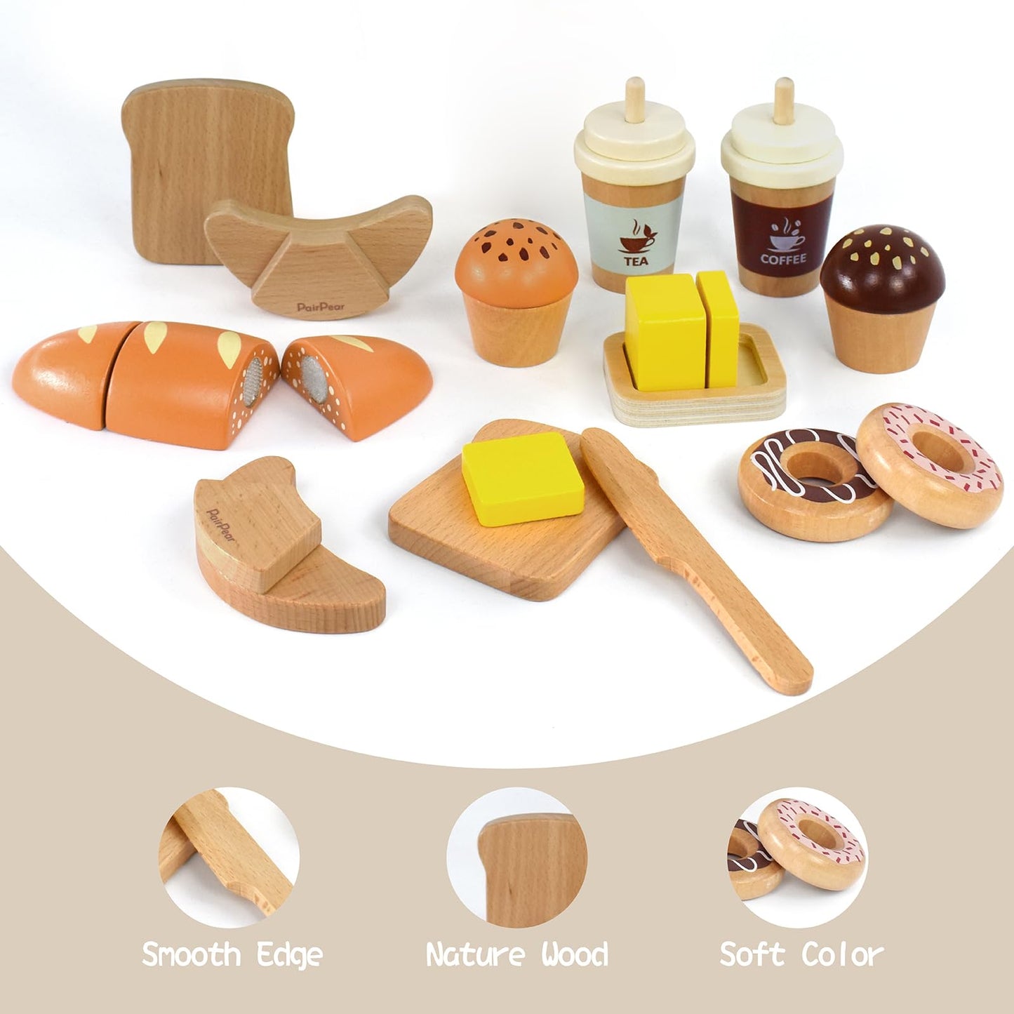 PairPear Wooden Bakery Play Food Set, Pretend Play Kitchen Accessories with Shopping Bag, Kids Cutting Food Gift for Boys and Girls Ages 3+